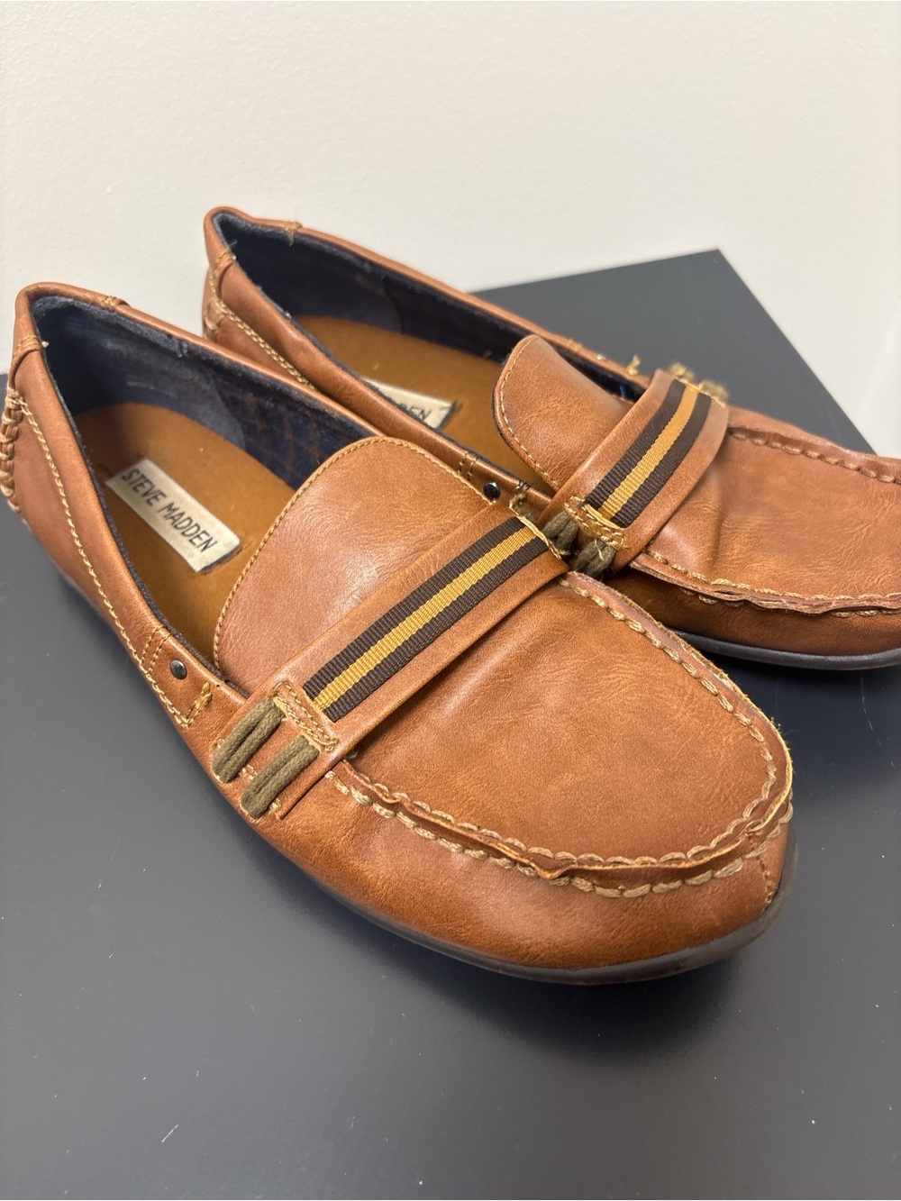 Steve Madden Brown Leather Slip-On Loafers with Striped Strap